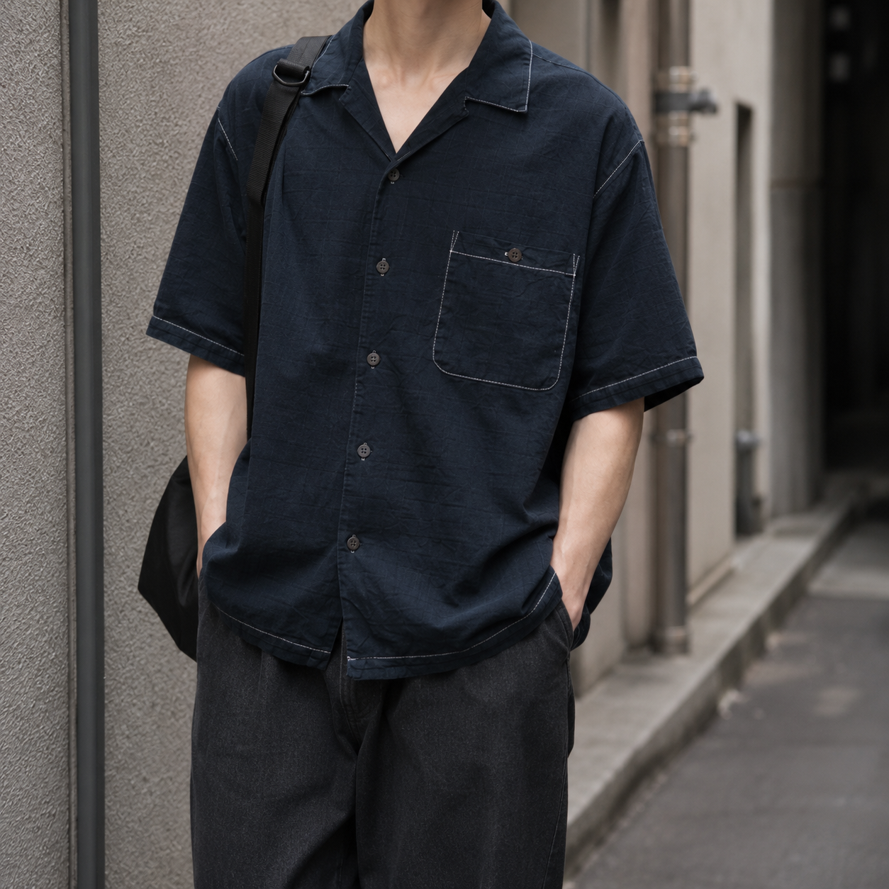 "Deep Black" Open Collar Silk Shirt
