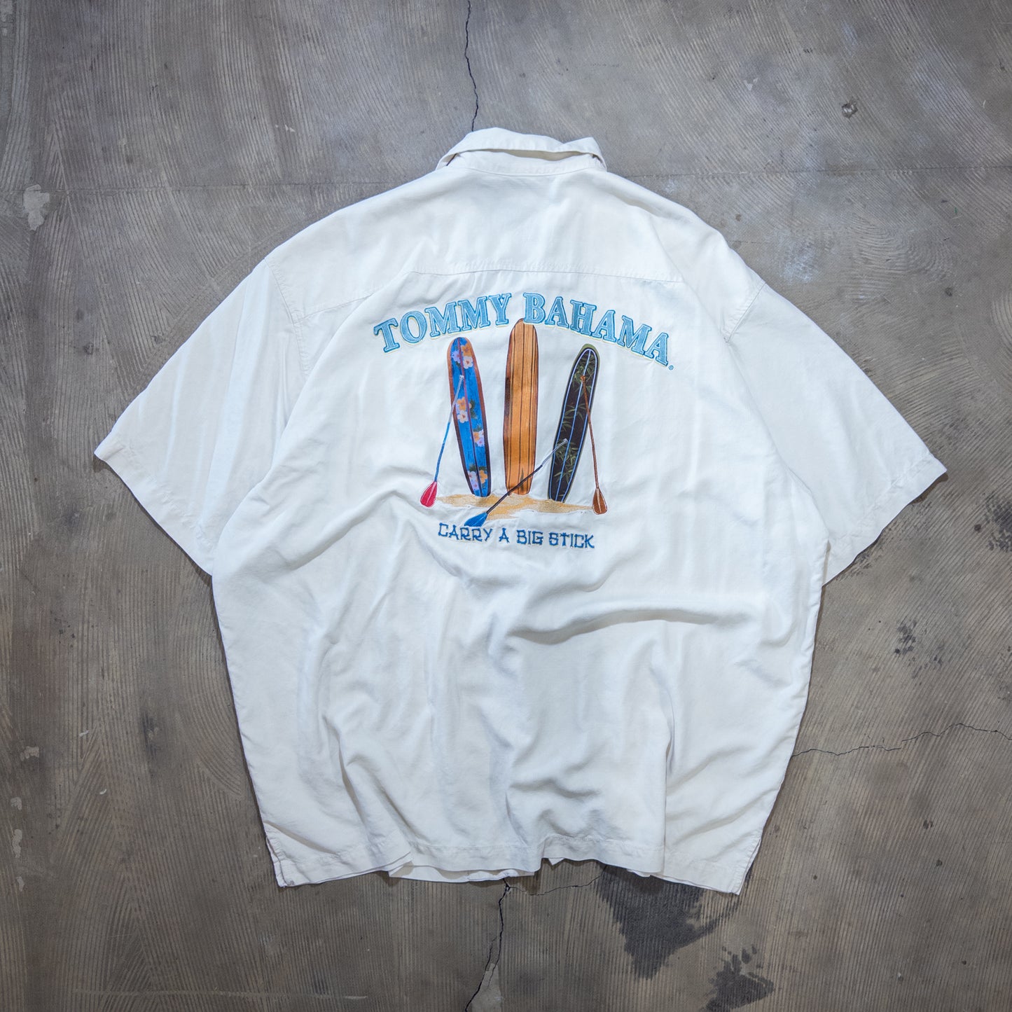 Tommy Bahama シルク 開襟 半袖シャツ 背面デザイン 刺繍 XL