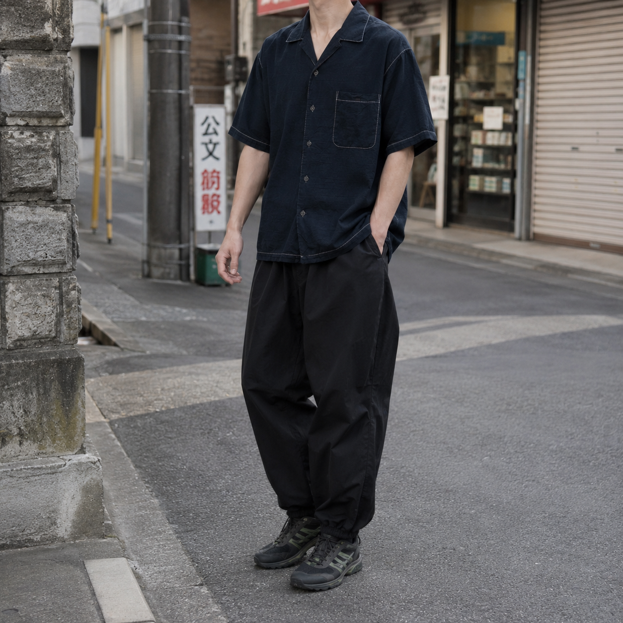 "Deep Black" Open Collar Silk Shirt