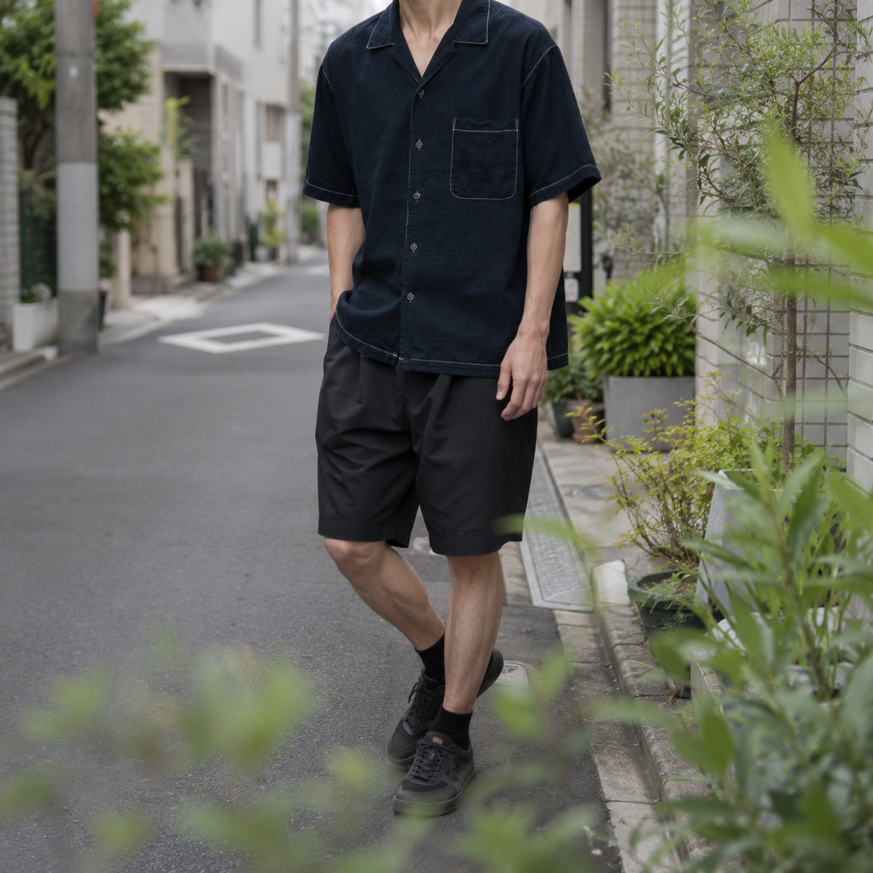 "Deep Black" Open Collar Silk Shirt