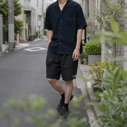 "Deep Black" Open Collar Silk Shirt