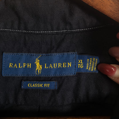 [メンズXL] 00年代 Ralph Lauren/ラルフローレン 半袖シャツ 総柄 ヤシの木 黒染め