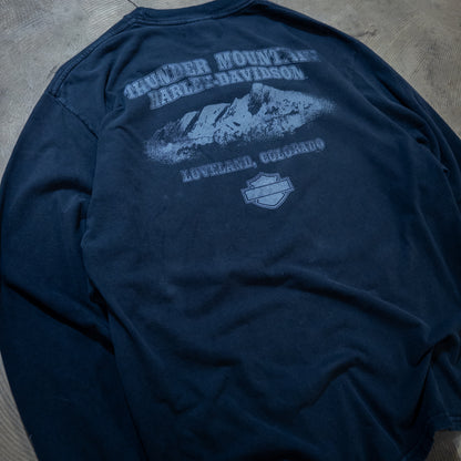 [メンズL] 00年代 Harley-Davidson/ハーレーダビッドソン 長袖Tシャツ Thunder in THE NORTH FACE Rockies ロンT 両面 両袖 フレイムプリント
