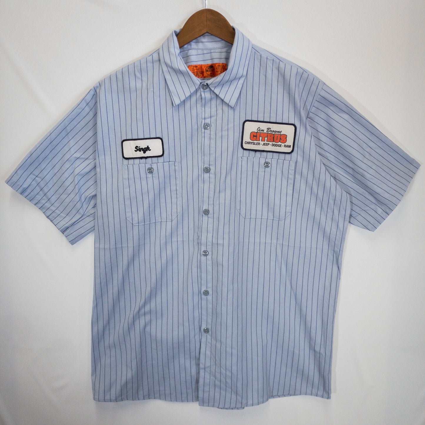 ワークシャツ XL ブルー ストライプ柄 ワッペン付き Red Kap/レッドキャップ