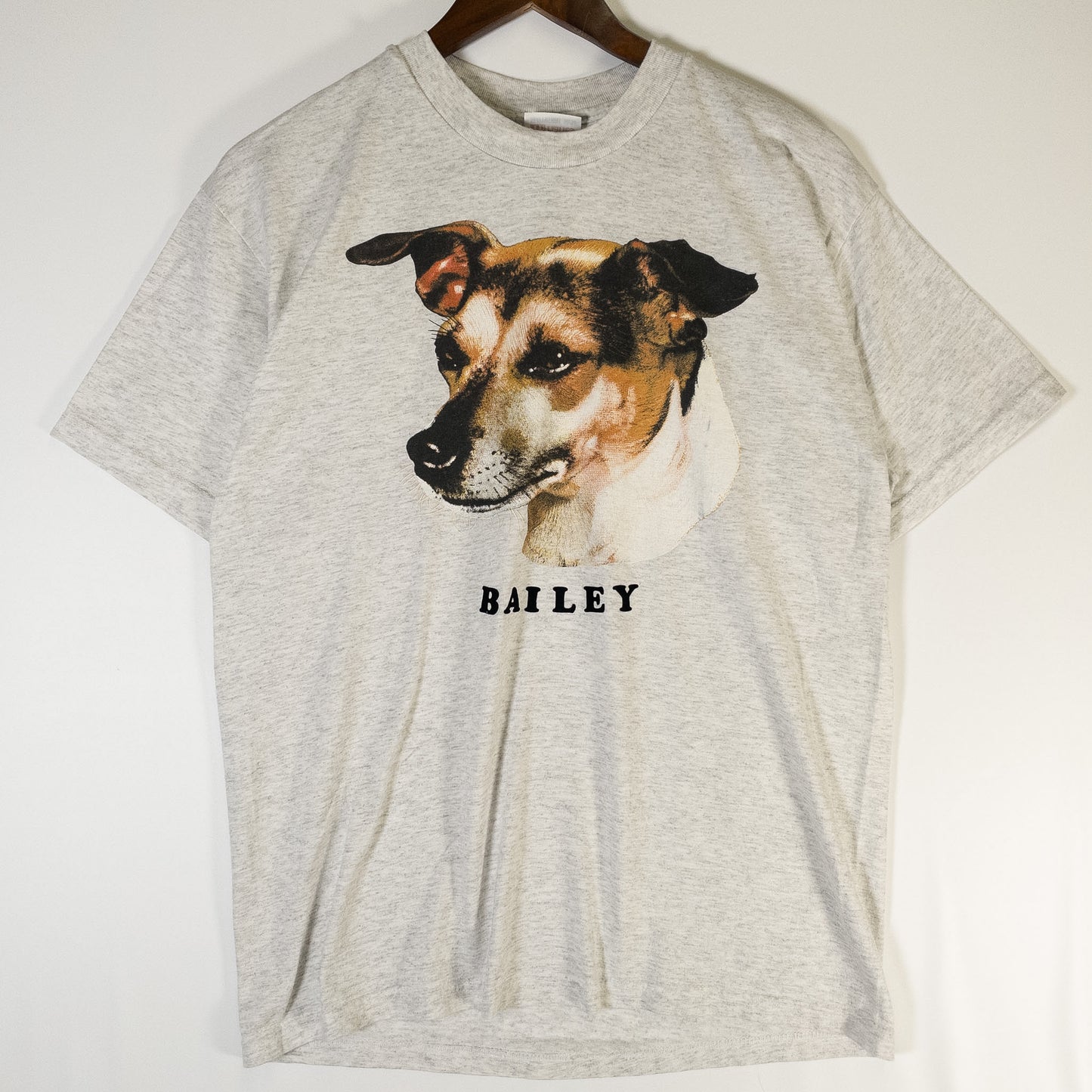 [メンズS] 90年代 Hanes/ヘインズ Tシャツ アニマルT 犬 BAILEY フロッキープリント