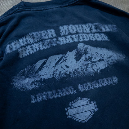 [メンズL] 00年代 Harley-Davidson/ハーレーダビッドソン 長袖Tシャツ Thunder in THE NORTH FACE Rockies ロンT 両面 両袖 フレイムプリント