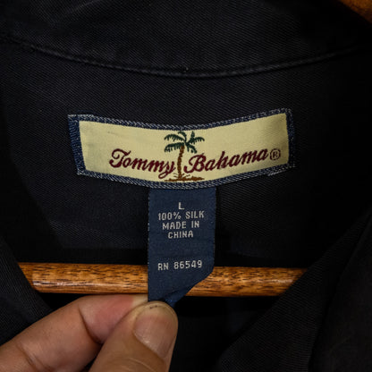 半袖シャツ 開襟シャツ L ブラック シルク 刺繍 Tropical Itch Barデザイン Tommy Bahama/トミーバハマ