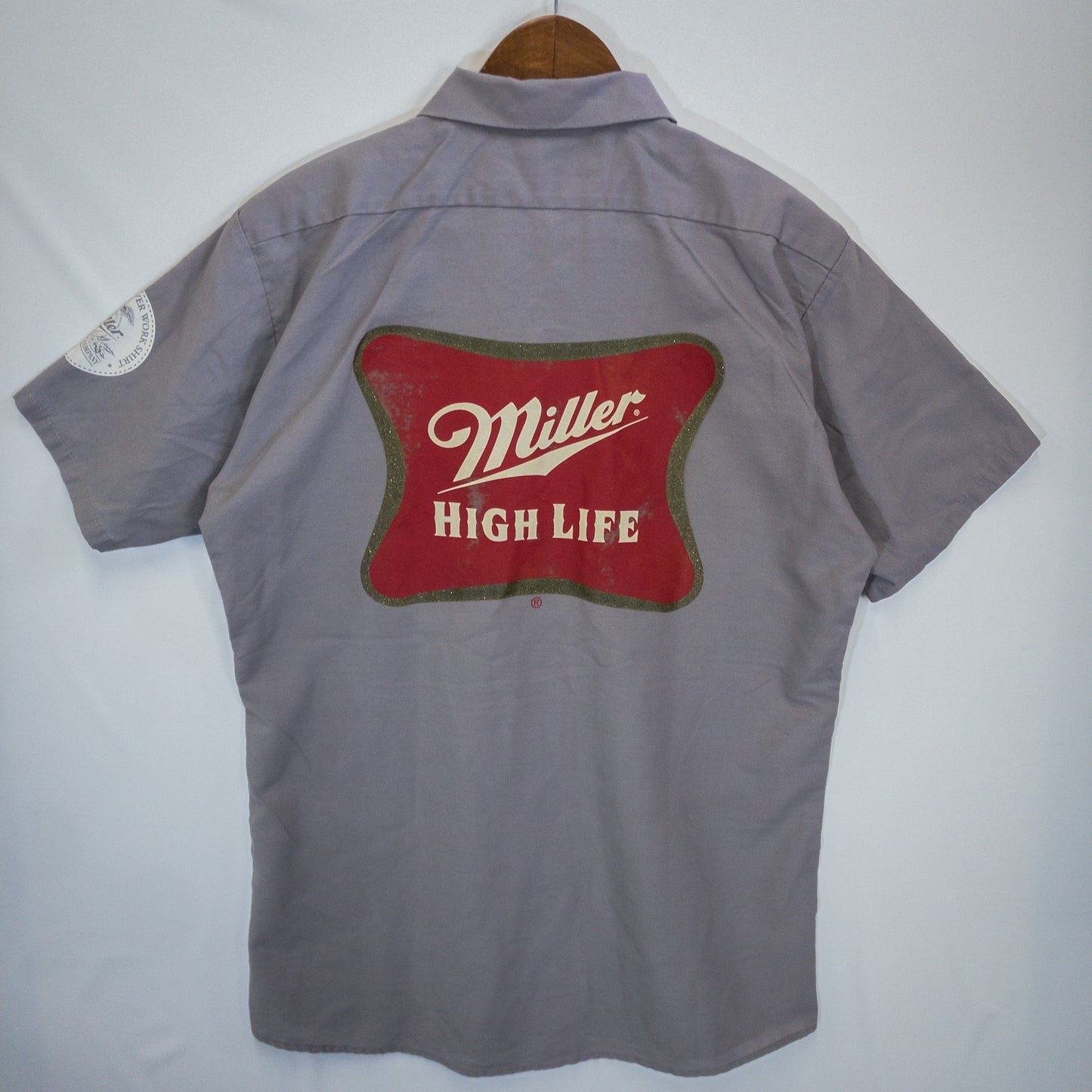 Miller ハイライフ ビール 半袖ワークシャツ L グレー 刺繍パッチ プリント入り Softwear