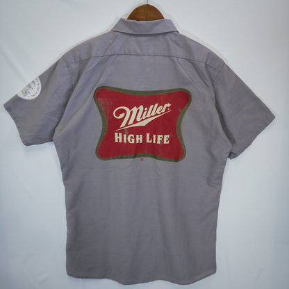 Miller ハイライフ ビール 半袖ワークシャツ L グレー 刺繍パッチ プリント入り Softwear