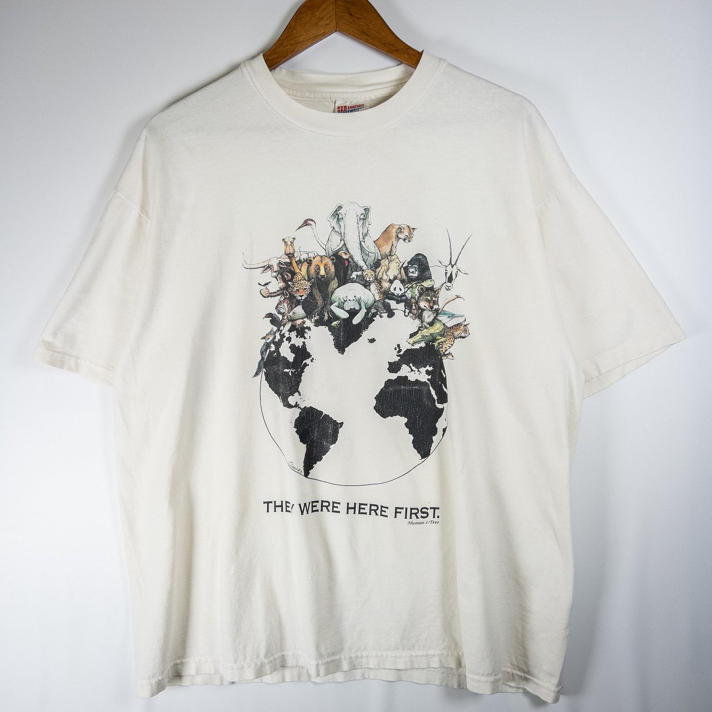 [メンズL] 80〜90年代 Hanes/ヘインズ Tシャツ Human-i-Tees アニマルT アートT