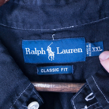 [メンズXXL] 00年代 Ralph Lauren/ラルフローレン 半袖シャツ リネン 黒染め