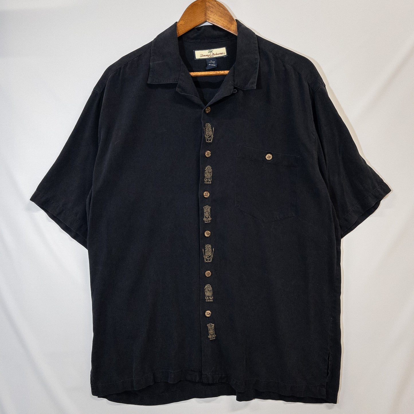 半袖シャツ 開襟シャツ L ブラック シルク 刺繍 Tropical Itch Barデザイン Tommy Bahama/トミーバハマ