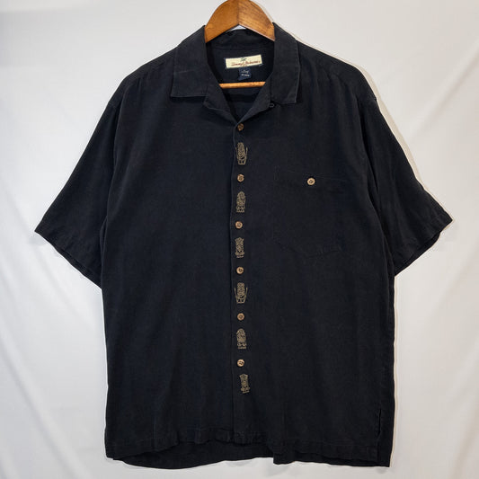 半袖シャツ 開襟シャツ L ブラック シルク 刺繍 Tropical Itch Barデザイン Tommy Bahama/トミーバハマ