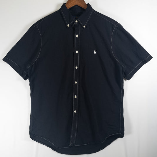 [メンズL] 00年代 Ralph Lauren/ラルフローレン 半袖シャツ シアサッカー 黒染め