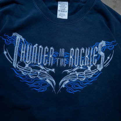 [メンズL] 00年代 Harley-Davidson/ハーレーダビッドソン 長袖Tシャツ Thunder in THE NORTH FACE Rockies ロンT 両面 両袖 フレイムプリント