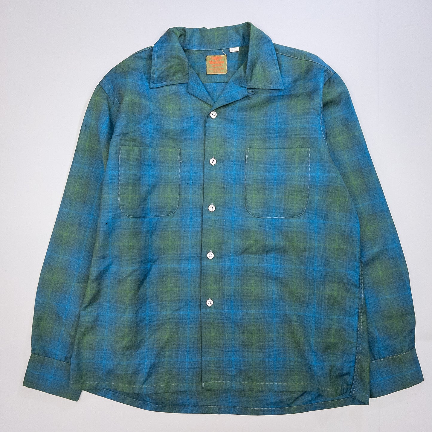 [メンズL] 60~70年代 Woolshire Supreme 長袖シャツ オンブレチェック 開襟シャツ