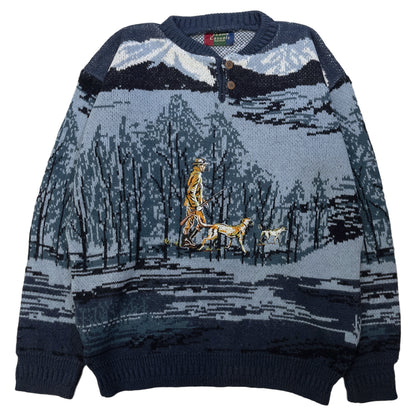 [メンズXXL] 90〜00年代 J.B.BUCK Casuals ニット セーター 総柄 ヘンリーネック