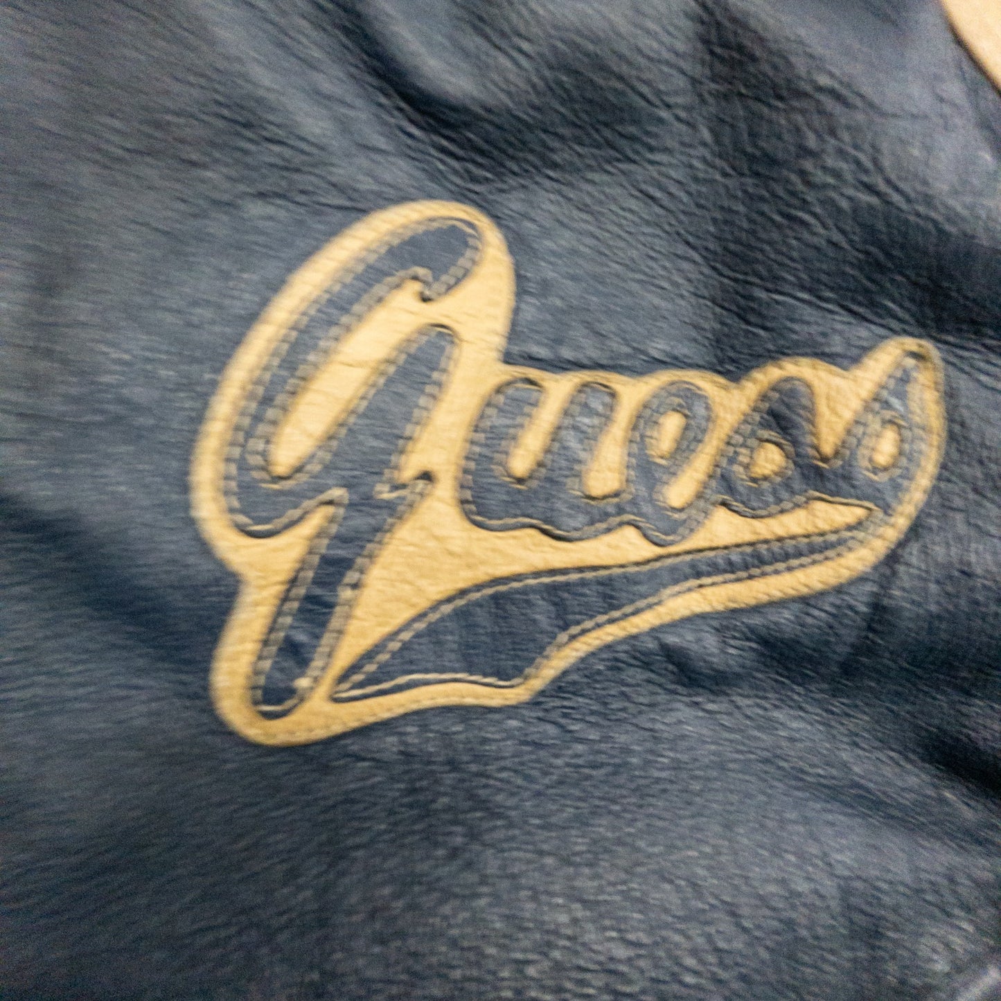 90s GUESS ゲス オールレザースタジャン アウター メンズL ネイビー