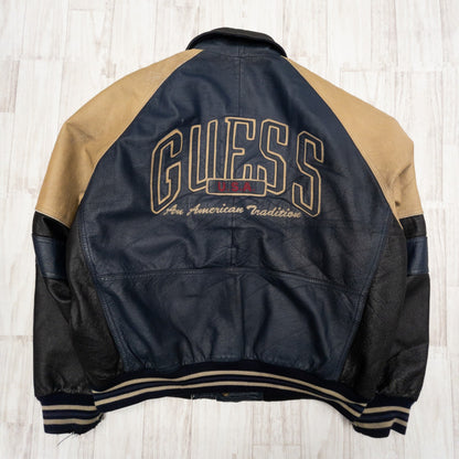 90s GUESS ゲス オールレザースタジャン アウター メンズL ネイビー