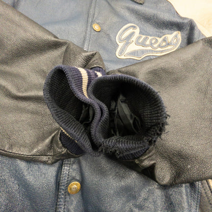 90s GUESS ゲス オールレザースタジャン アウター メンズL ネイビー