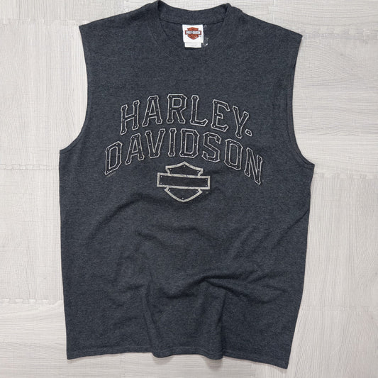 古着 00s HARLEY-DAVIDSON ハーレーダビッドソン ノースリーブＴシャツ チャコール Ｌ